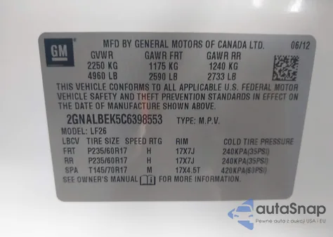 2012 Chevrolet Equinox Ls z USA, uszkodzony, nr VIN 2GNALBEK5C6398553